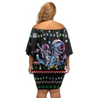 Astronauts Ride A T Rex In Space With The Planet Christmas Off Shoulder Short Dress Xmas Holiday Patterns - Wonder Print Shop