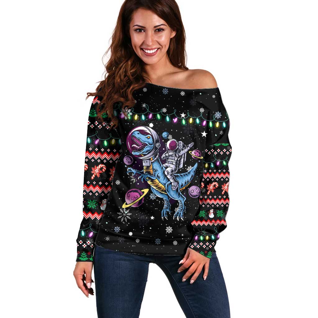 Astronauts Ride A T Rex In Space With The Planet Christmas Off Shoulder Sweater Xmas Holiday Patterns - Wonder Print Shop