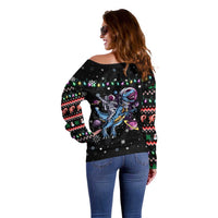 Astronauts Ride A T Rex In Space With The Planet Christmas Off Shoulder Sweater Xmas Holiday Patterns - Wonder Print Shop