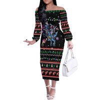 Astronauts Ride A T Rex In Space With The Planet Christmas Off The Shoulder Long Sleeve Dress Xmas Holiday Patterns - Wonder Print Shop