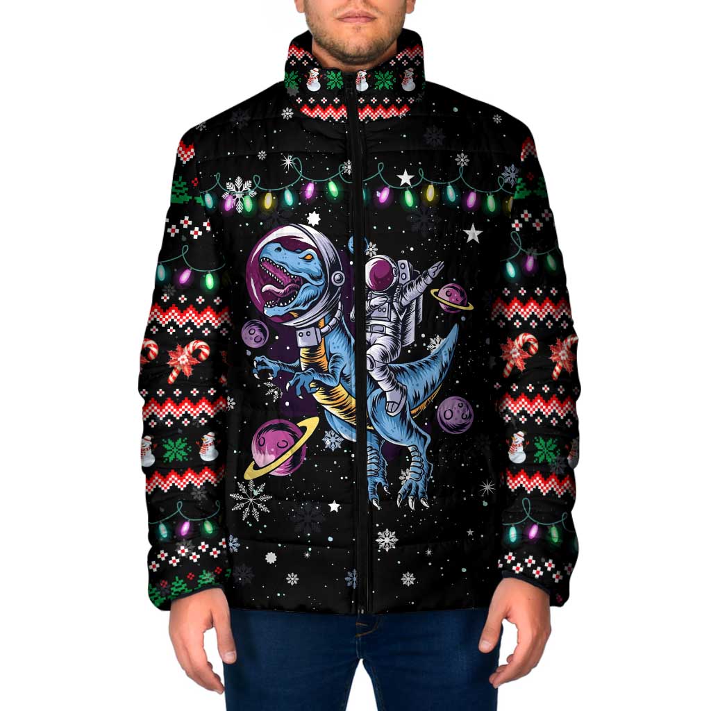 Astronauts Ride A T Rex In Space With The Planet Christmas Padded Jacket Xmas Holiday Patterns - Wonder Print Shop