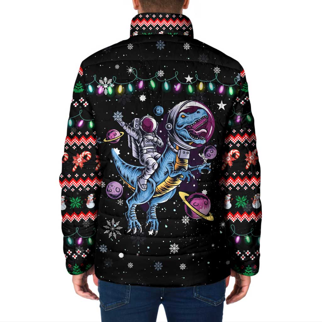 Astronauts Ride A T Rex In Space With The Planet Christmas Padded Jacket Xmas Holiday Patterns - Wonder Print Shop