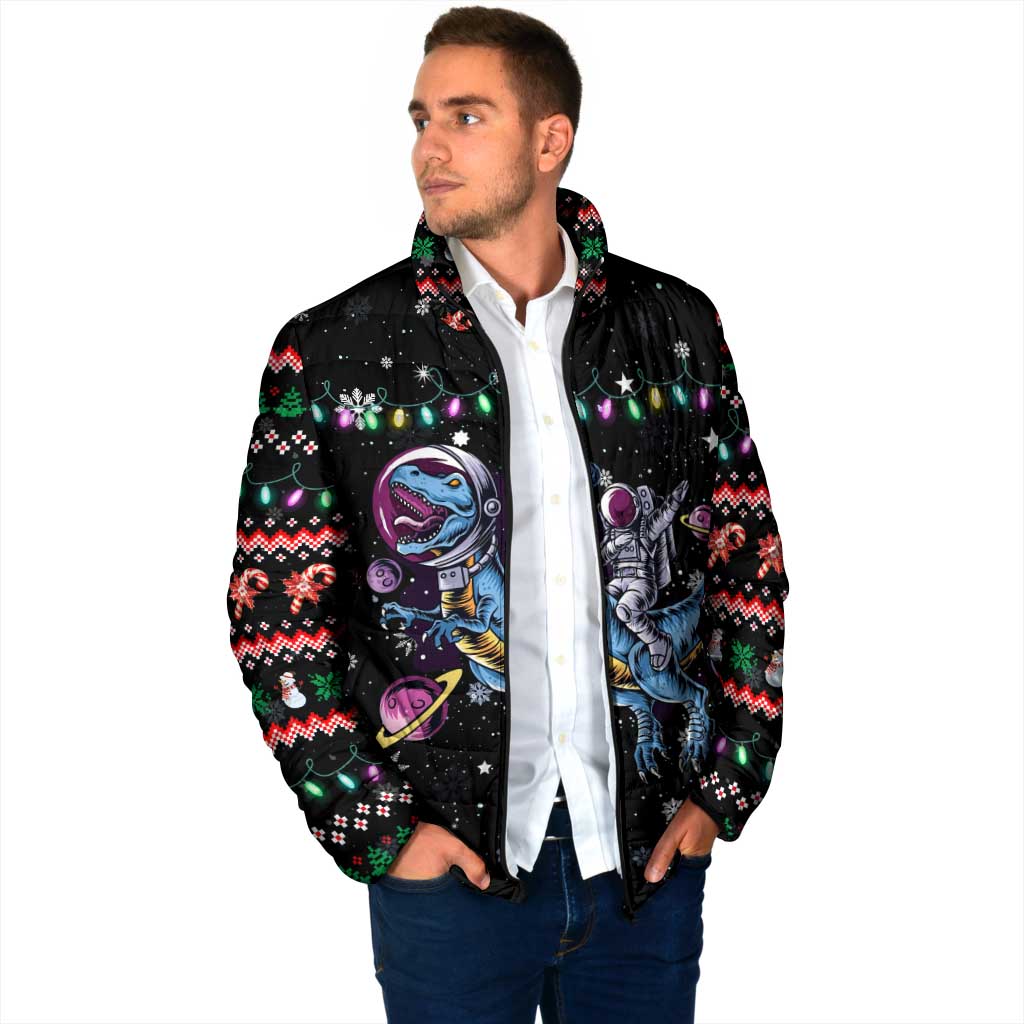 Astronauts Ride A T Rex In Space With The Planet Christmas Padded Jacket Xmas Holiday Patterns - Wonder Print Shop