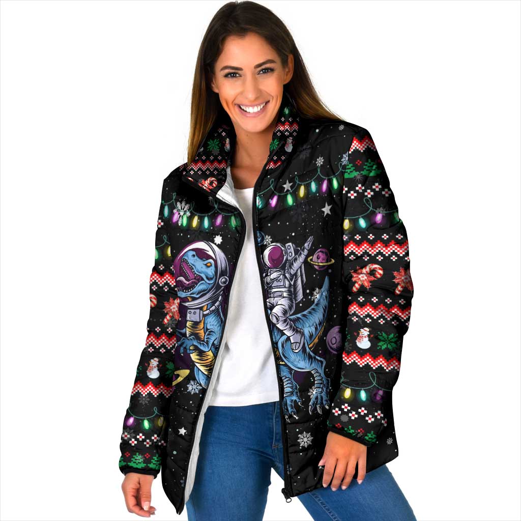 Astronauts Ride A T Rex In Space With The Planet Christmas Padded Jacket Xmas Holiday Patterns - Wonder Print Shop