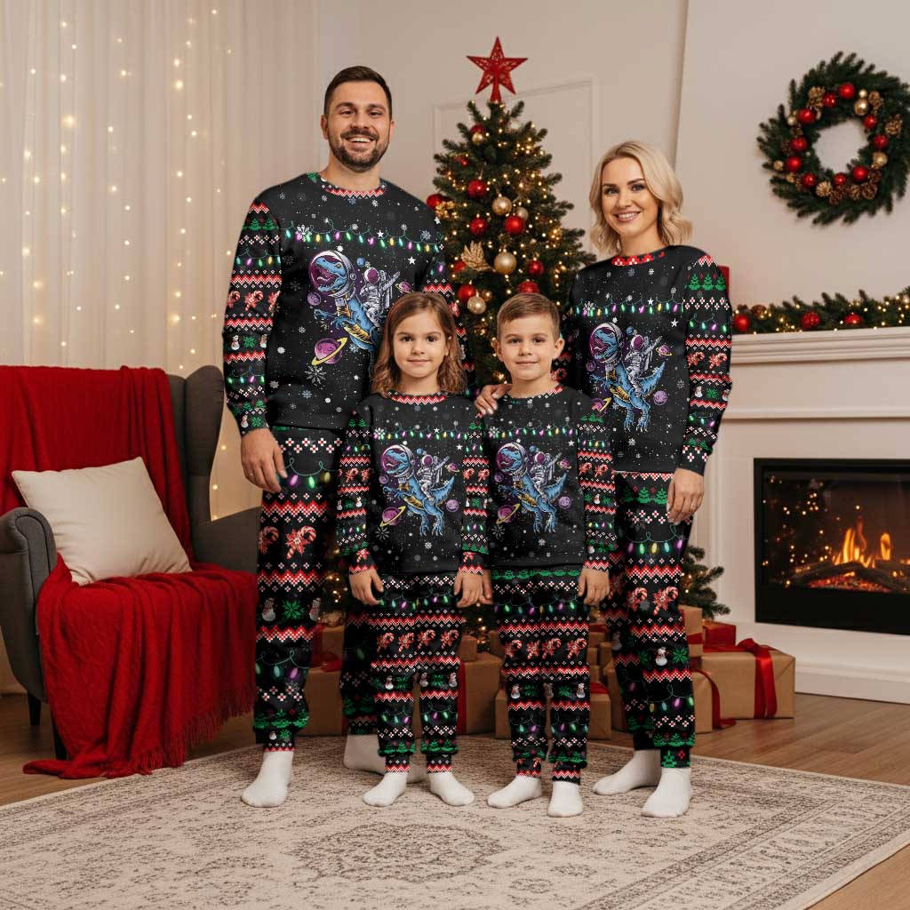 Astronauts Ride A T Rex In Space With The Planet Christmas Pajama Set Xmas Holiday Patterns - Wonder Print Shop