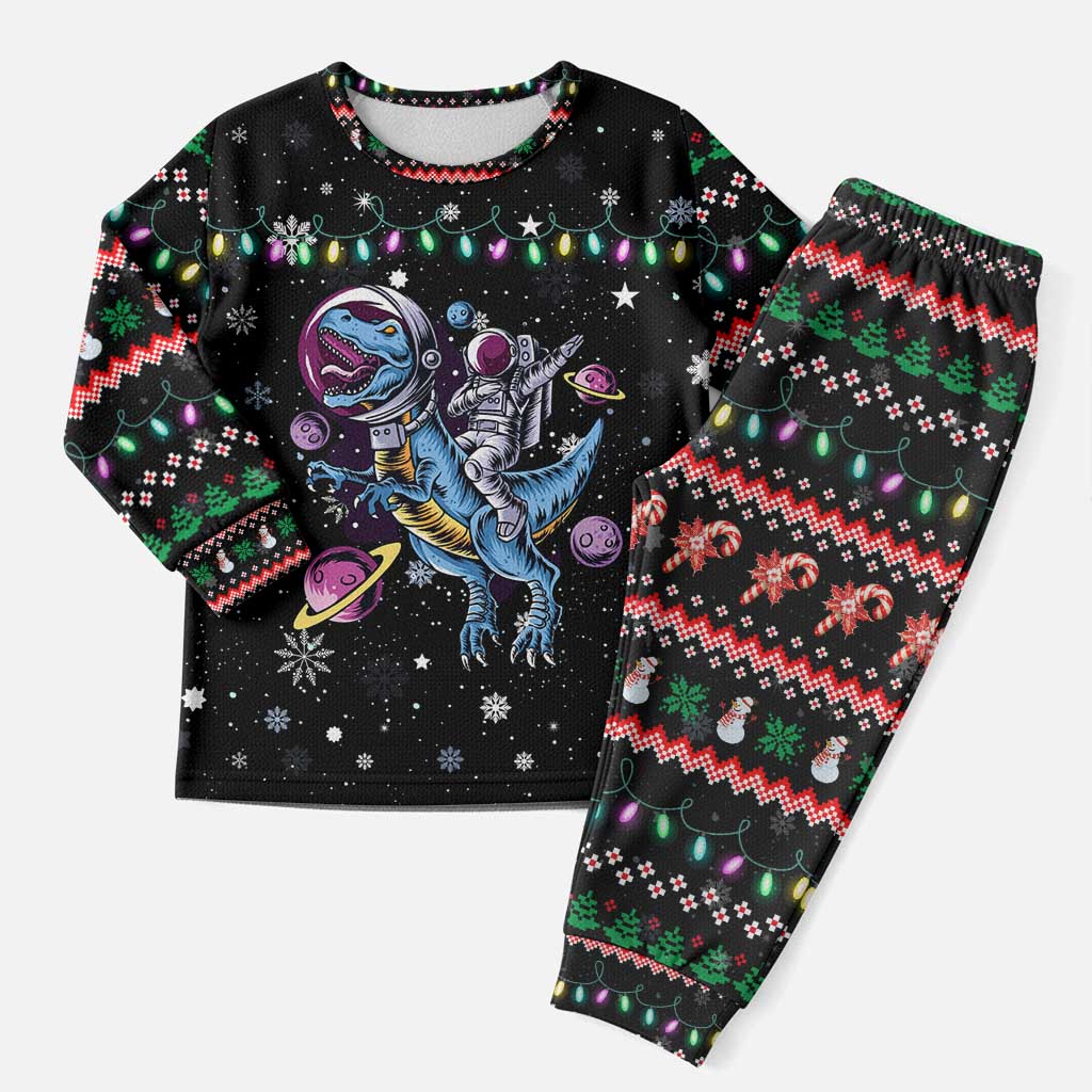 Astronauts Ride A T Rex In Space With The Planet Christmas Pajama Set Xmas Holiday Patterns - Wonder Print Shop