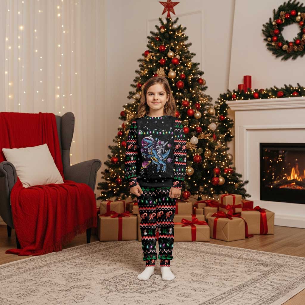 Astronauts Ride A T Rex In Space With The Planet Christmas Pajama Set Xmas Holiday Patterns - Wonder Print Shop