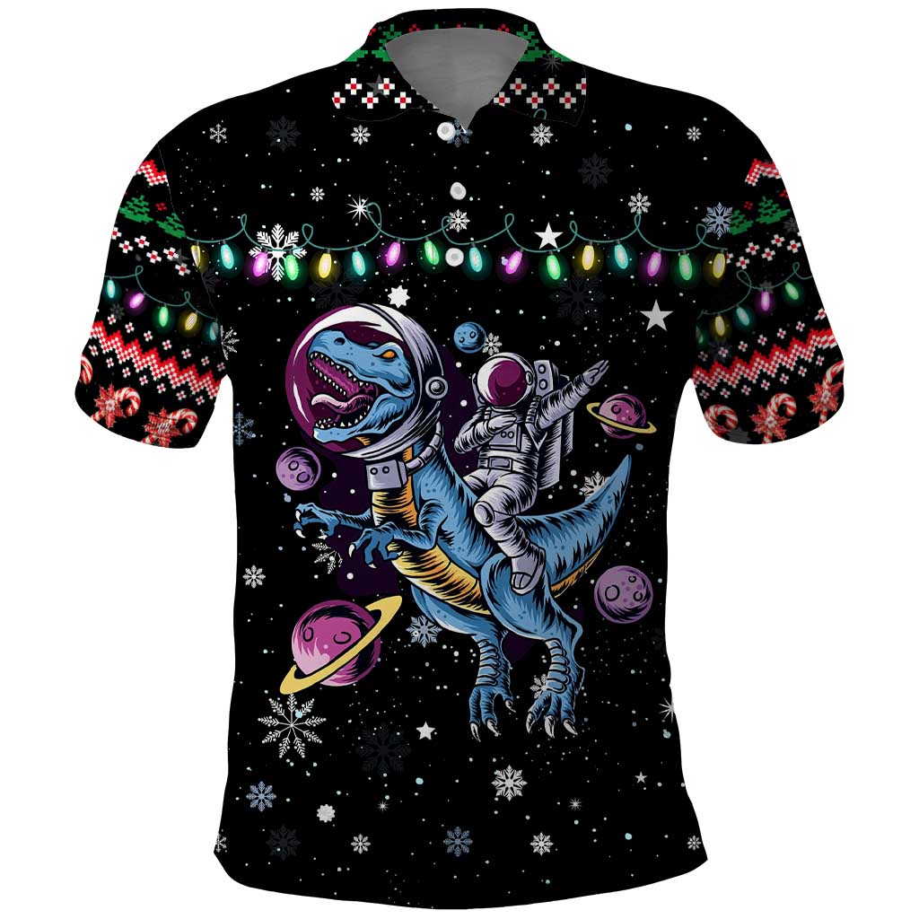 Astronauts Ride A T Rex In Space With The Planet Christmas Polo Shirt Xmas Holiday Patterns - Wonder Print Shop