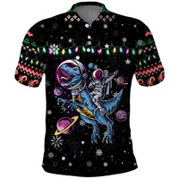 Astronauts Ride A T Rex In Space With The Planet Christmas Polo Shirt Xmas Holiday Patterns - Wonder Print Shop