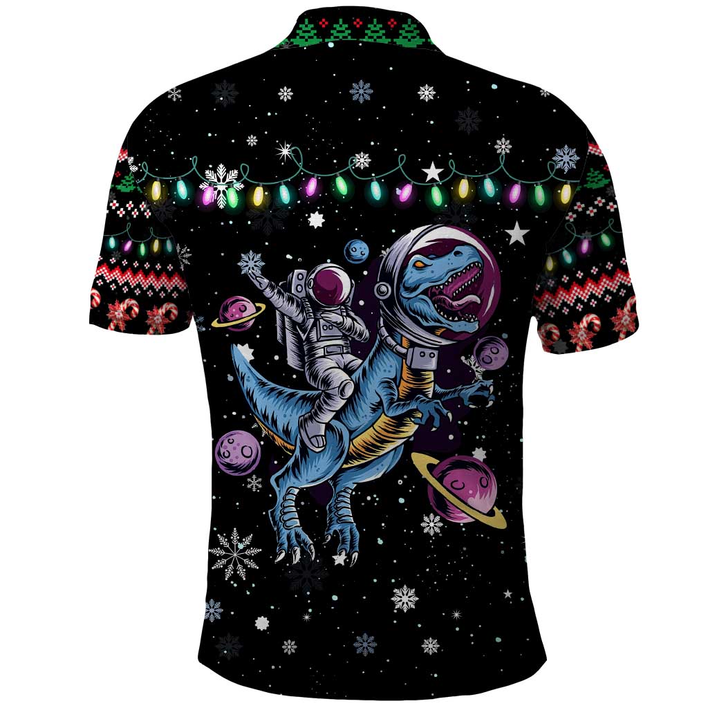Astronauts Ride A T Rex In Space With The Planet Christmas Polo Shirt Xmas Holiday Patterns - Wonder Print Shop