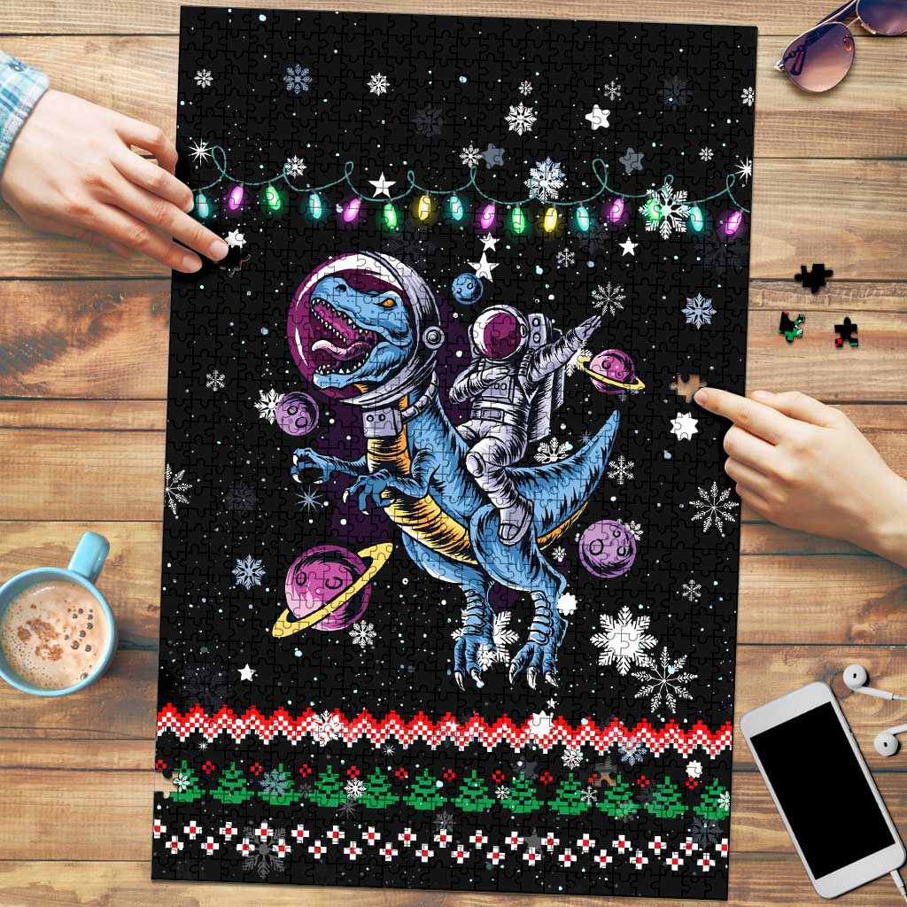 Astronauts Ride A T Rex In Space With The Planet Christmas Puzzle Xmas Holiday Patterns - Wonder Print Shop