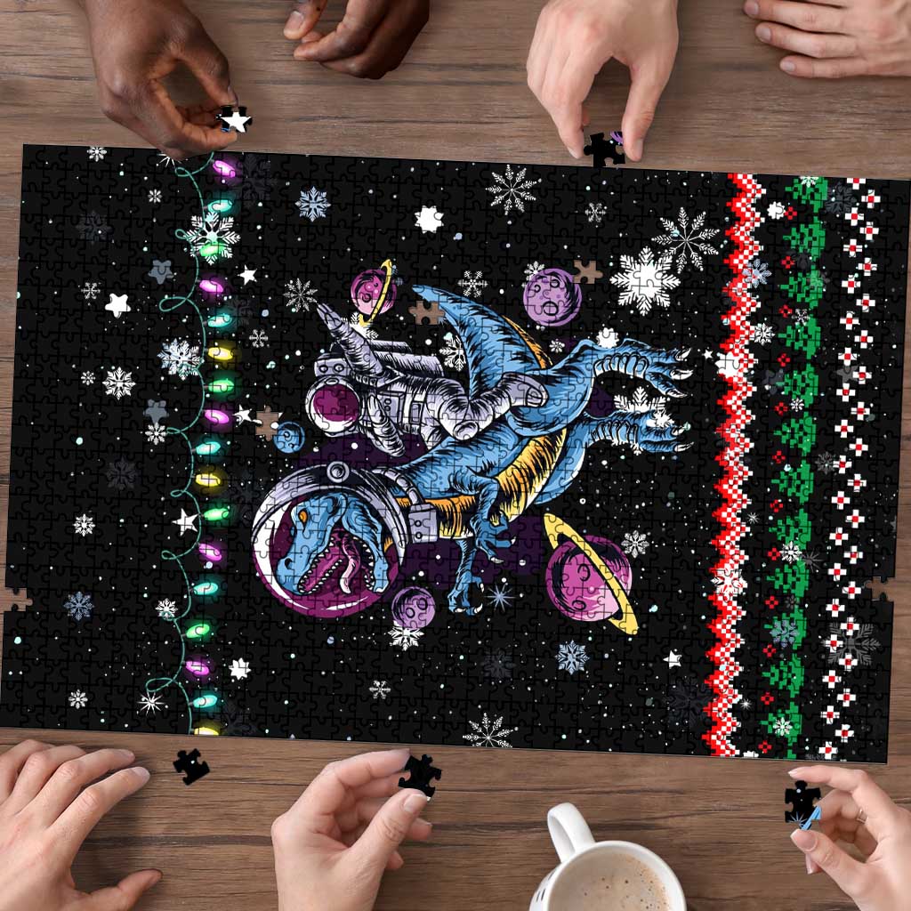 Astronauts Ride A T Rex In Space With The Planet Christmas Puzzle Xmas Holiday Patterns - Wonder Print Shop
