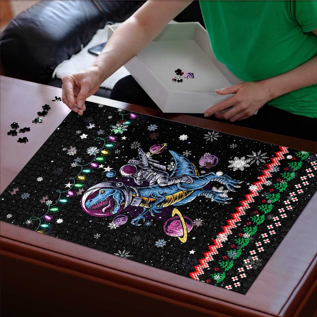 Astronauts Ride A T Rex In Space With The Planet Christmas Puzzle Xmas Holiday Patterns - Wonder Print Shop