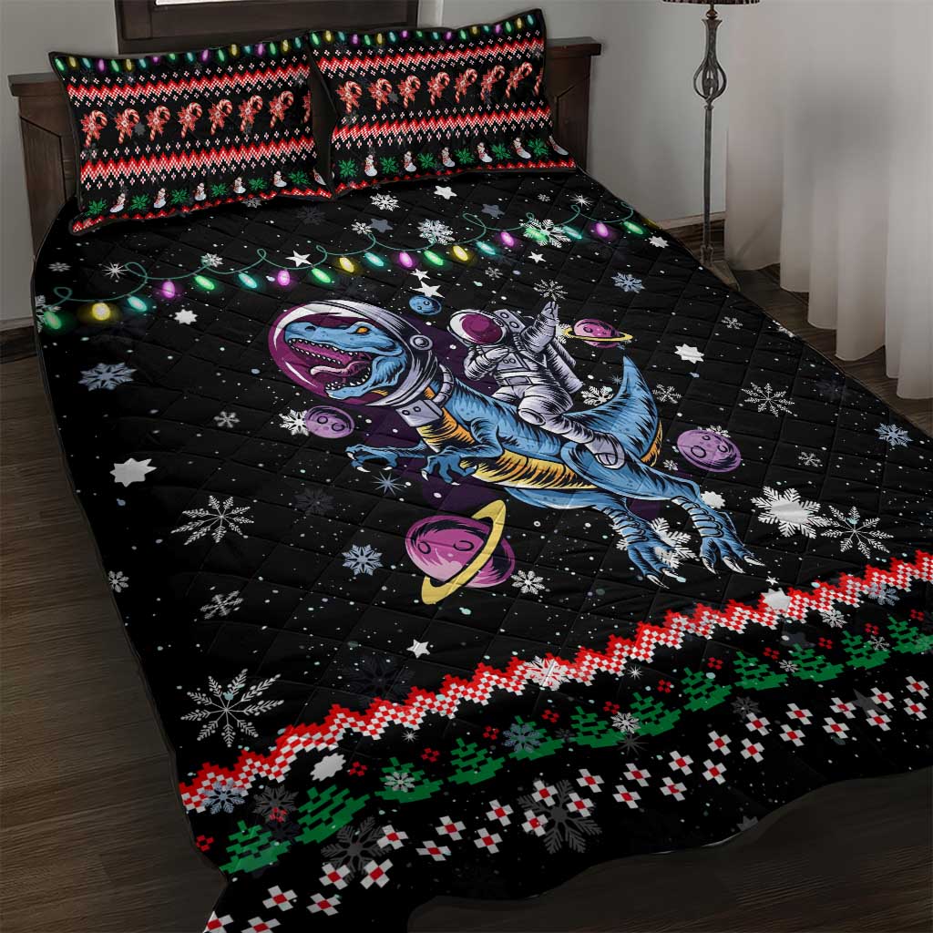 Astronauts Ride A T Rex In Space With The Planet Christmas Quilt Bed Set Xmas Holiday Patterns - Wonder Print Shop