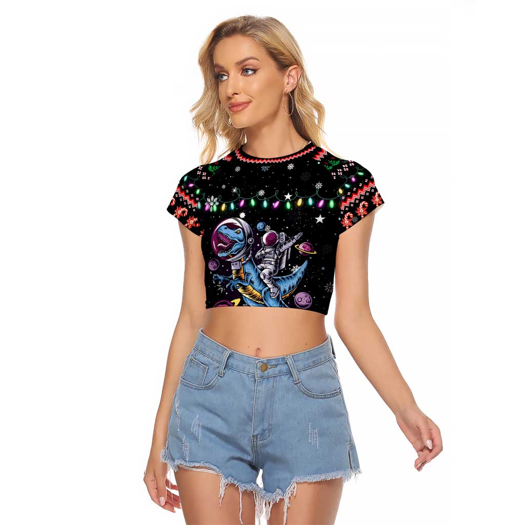Astronauts Ride A T Rex In Space With The Planet Christmas Raglan Cropped T Shirt Xmas Holiday Patterns - Wonder Print Shop