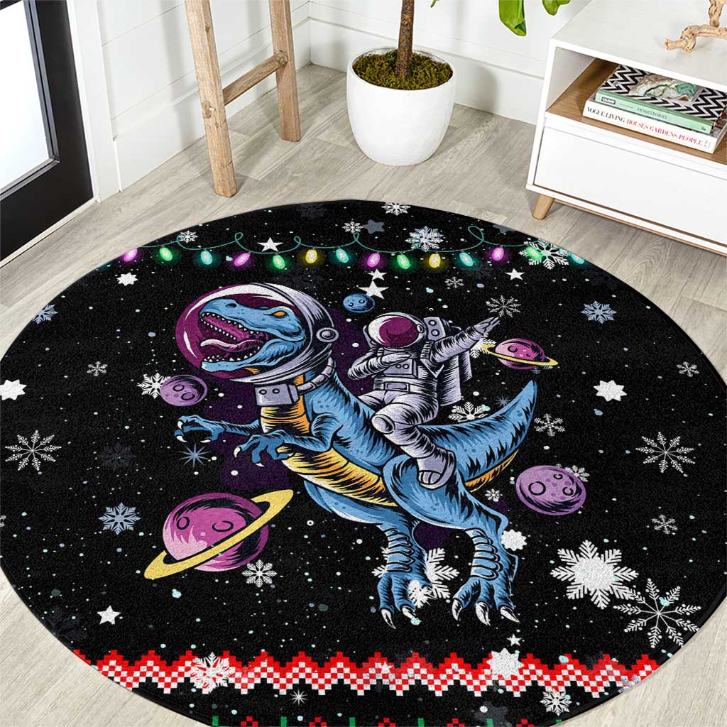 Astronauts Ride A T Rex In Space With The Planet Christmas Round Carpet Xmas Holiday Patterns - Wonder Print Shop