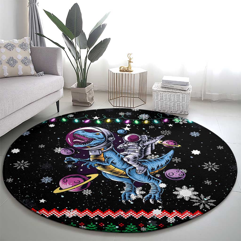 Astronauts Ride A T Rex In Space With The Planet Christmas Round Carpet Xmas Holiday Patterns - Wonder Print Shop