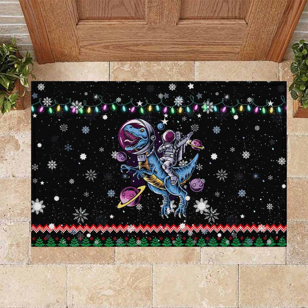 Astronauts Ride A T Rex In Space With The Planet Christmas Rubber Doormat Xmas Holiday Patterns - Wonder Print Shop