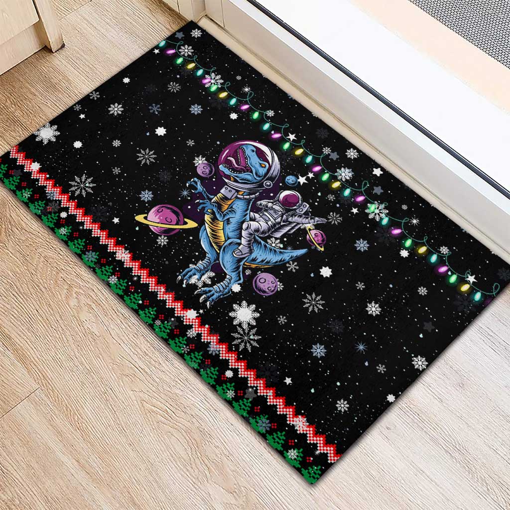 Astronauts Ride A T Rex In Space With The Planet Christmas Rubber Doormat Xmas Holiday Patterns - Wonder Print Shop