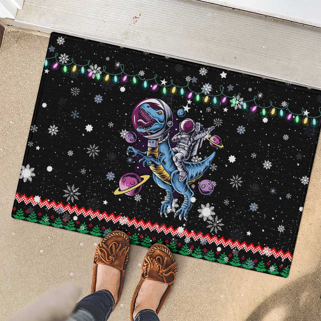 Astronauts Ride A T Rex In Space With The Planet Christmas Rubber Doormat Xmas Holiday Patterns - Wonder Print Shop