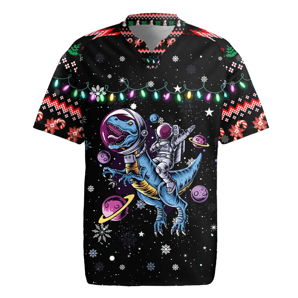 Astronauts Ride A T Rex In Space With The Planet Christmas Rugby Jersey Xmas Holiday Patterns - Wonder Print Shop