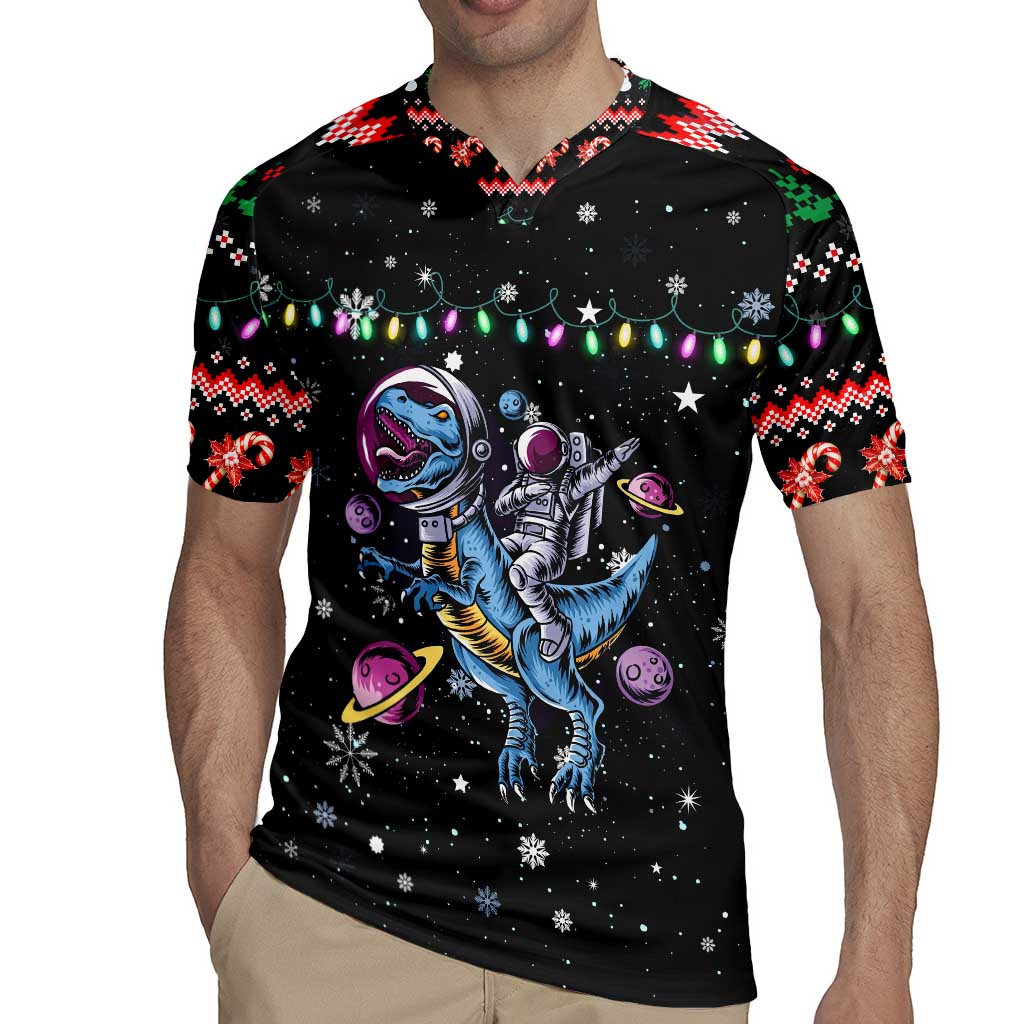 Astronauts Ride A T Rex In Space With The Planet Christmas Rugby Jersey Xmas Holiday Patterns - Wonder Print Shop