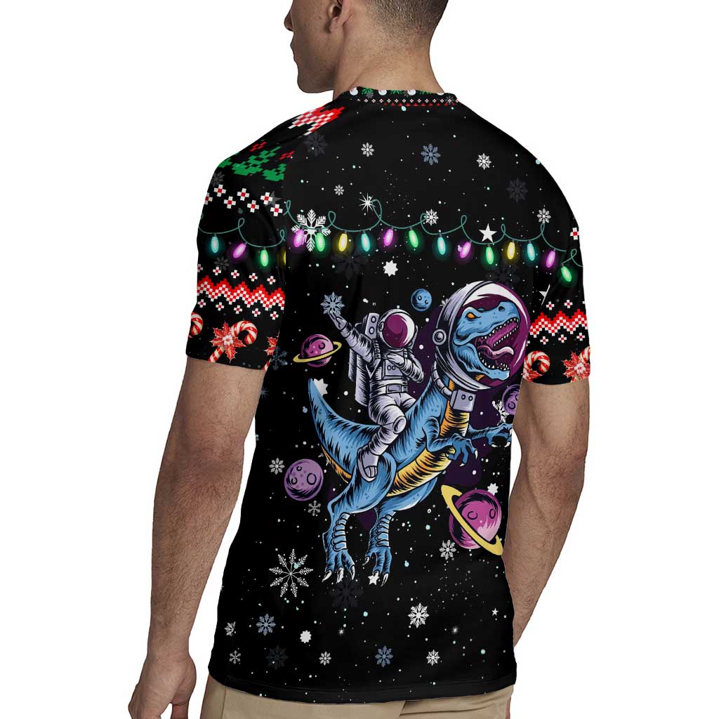 Astronauts Ride A T Rex In Space With The Planet Christmas Rugby Jersey Xmas Holiday Patterns - Wonder Print Shop