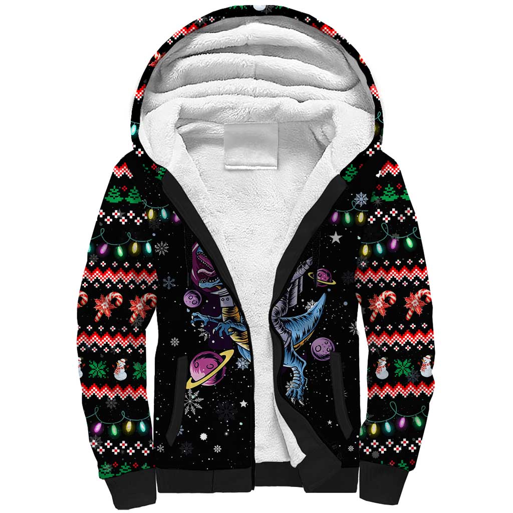 Astronauts Ride A T Rex In Space With The Planet Christmas Sherpa Hoodie Xmas Holiday Patterns - Wonder Print Shop