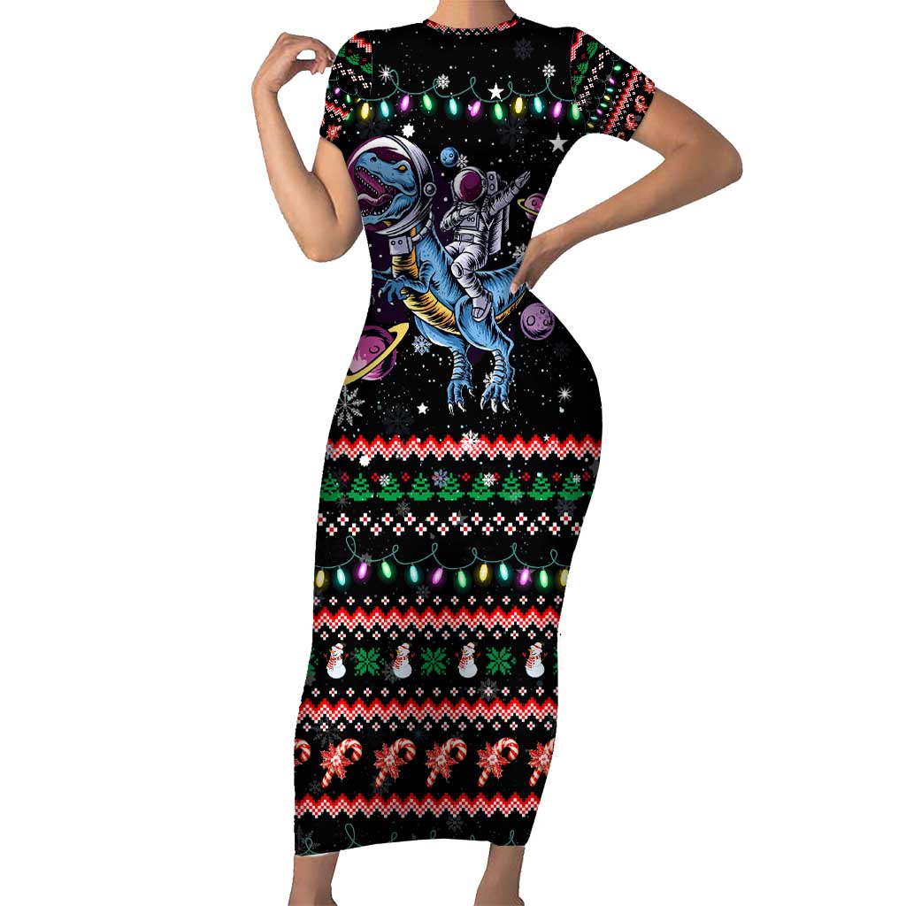 Astronauts Ride A T Rex In Space With The Planet Christmas Short Sleeve Bodycon Dress Xmas Holiday Patterns - Wonder Print Shop