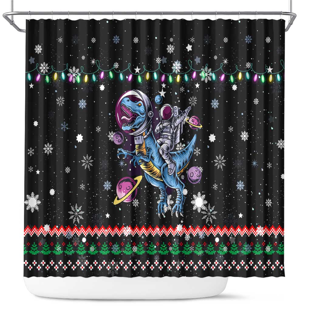 Astronauts Ride A T Rex In Space With The Planet Christmas Shower Curtain Xmas Holiday Patterns - Wonder Print Shop