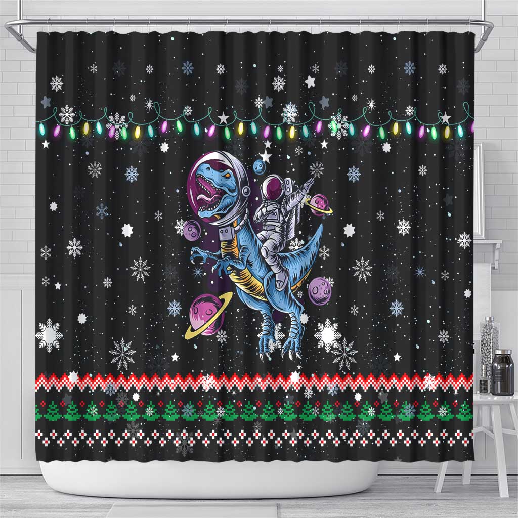 Astronauts Ride A T Rex In Space With The Planet Christmas Shower Curtain Xmas Holiday Patterns - Wonder Print Shop