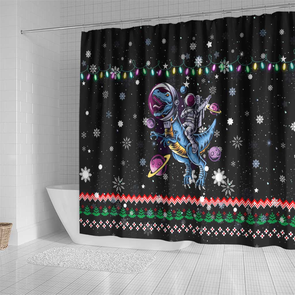 Astronauts Ride A T Rex In Space With The Planet Christmas Shower Curtain Xmas Holiday Patterns - Wonder Print Shop