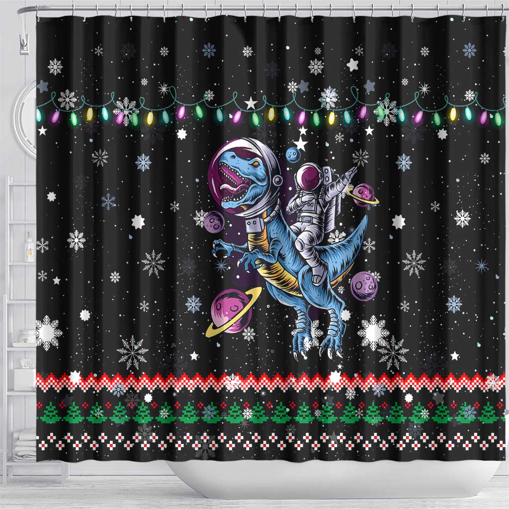 Astronauts Ride A T Rex In Space With The Planet Christmas Shower Curtain Xmas Holiday Patterns - Wonder Print Shop