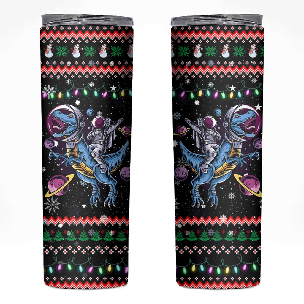 Astronauts Ride A T Rex In Space With The Planet Christmas Skinny Tumbler Xmas Holiday Patterns - Wonder Print Shop
