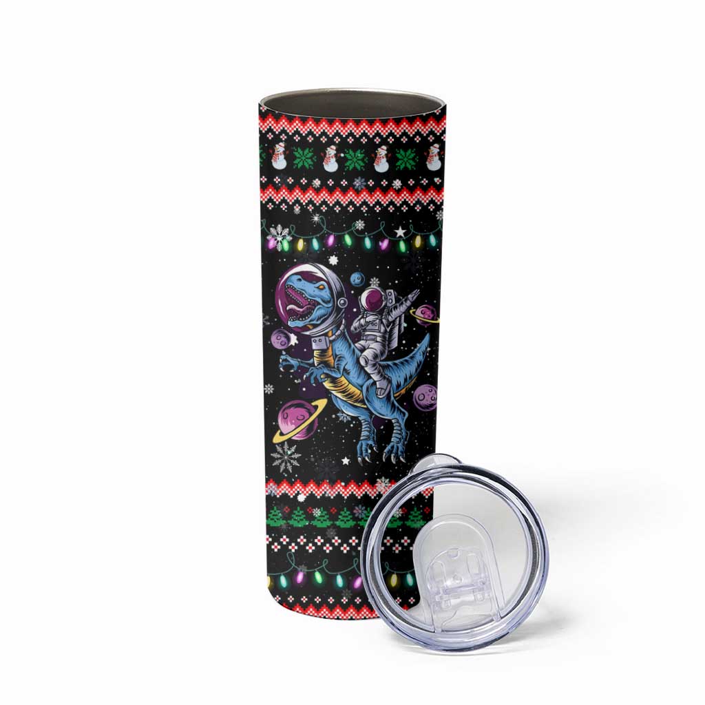 Astronauts Ride A T Rex In Space With The Planet Christmas Skinny Tumbler Xmas Holiday Patterns - Wonder Print Shop