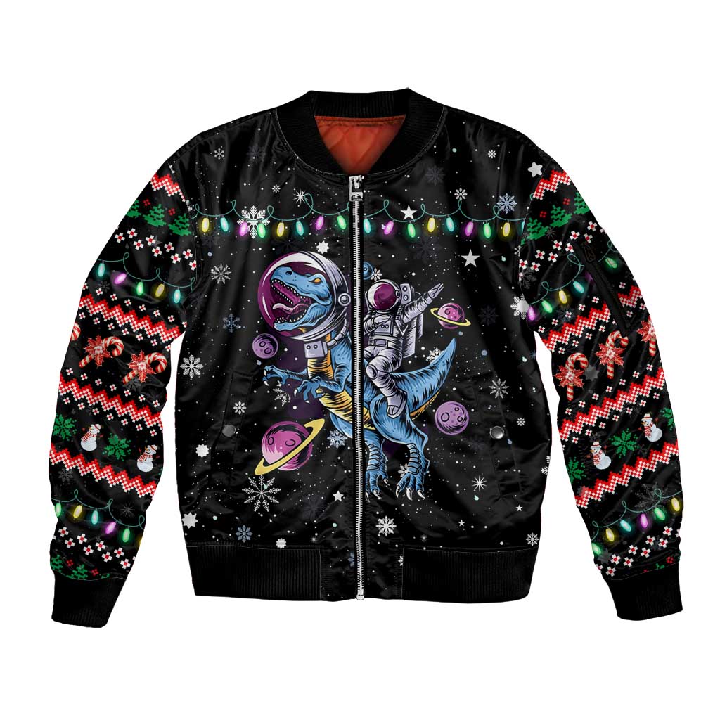 Astronauts Ride A T Rex In Space With The Planet Christmas Sleeve Zip Bomber Jacket Xmas Holiday Patterns - Wonder Print Shop