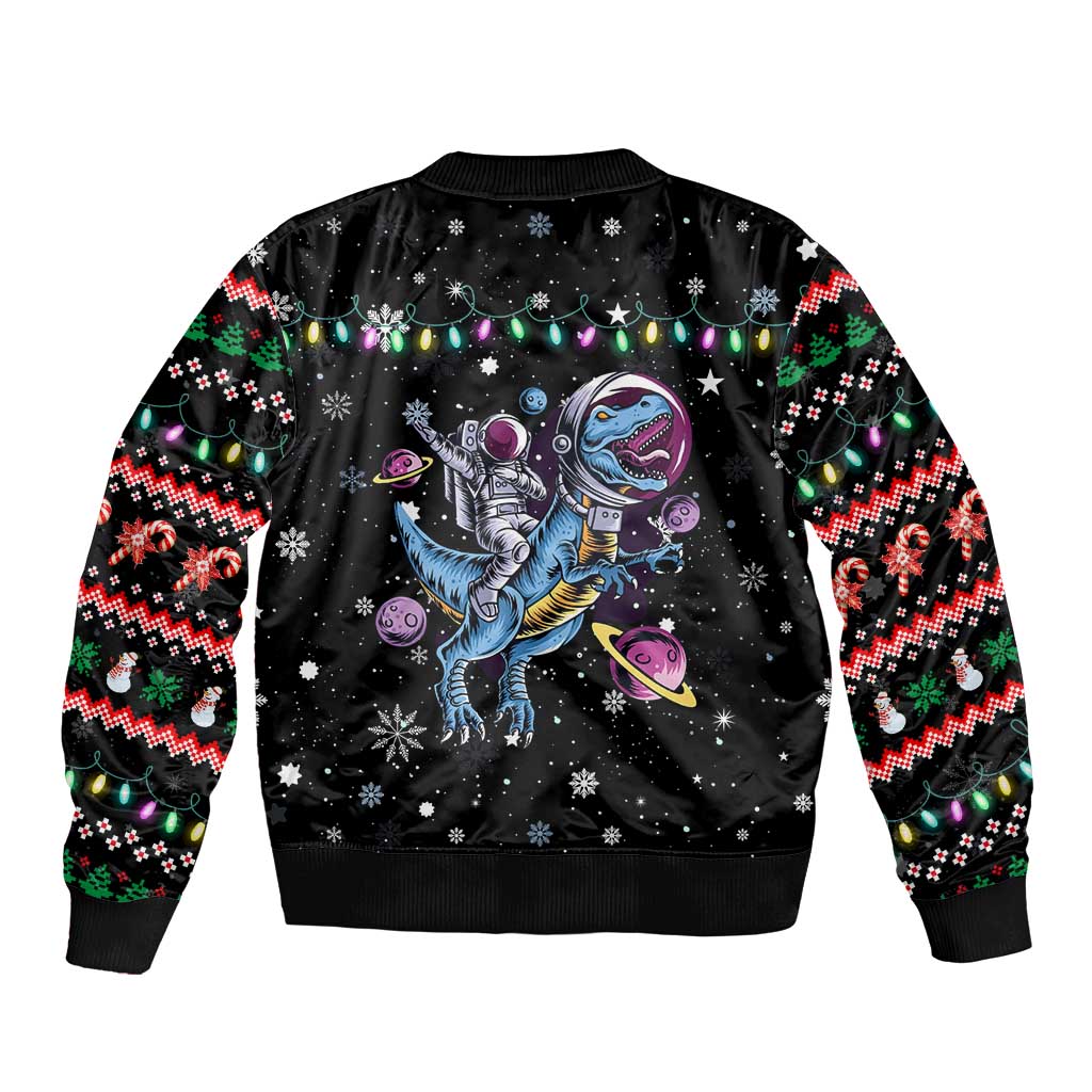 Astronauts Ride A T Rex In Space With The Planet Christmas Sleeve Zip Bomber Jacket Xmas Holiday Patterns - Wonder Print Shop