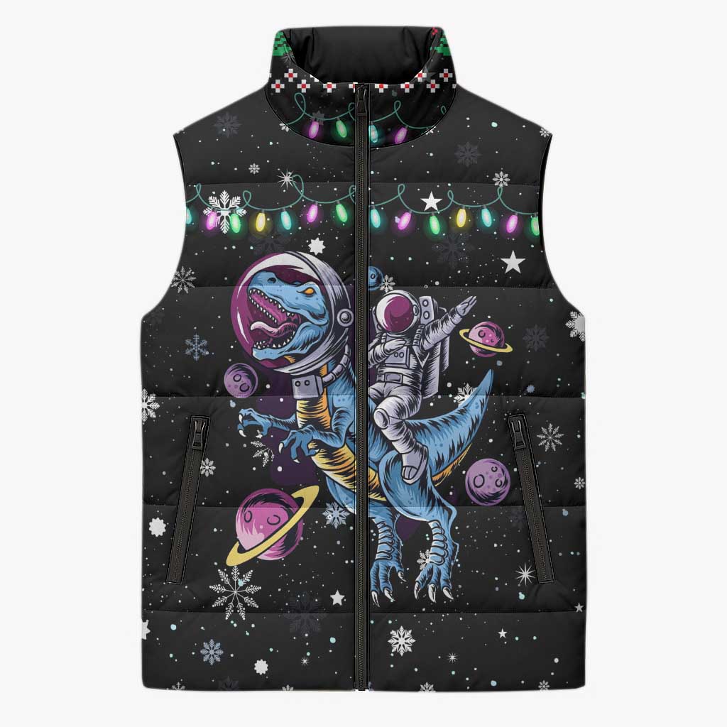Astronauts Ride A T Rex In Space With The Planet Christmas Sleeveless Puffer Jacket Xmas Holiday Patterns - Wonder Print Shop