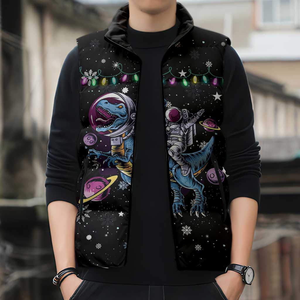 Astronauts Ride A T Rex In Space With The Planet Christmas Sleeveless Puffer Jacket Xmas Holiday Patterns - Wonder Print Shop