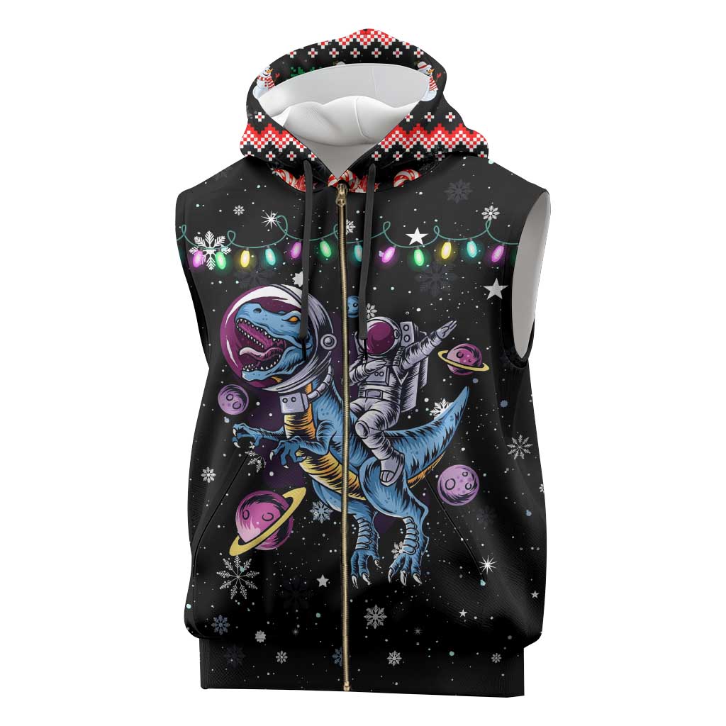 Astronauts Ride A T Rex In Space With The Planet Christmas Sleeveless Zip Hoodie Xmas Holiday Patterns - Wonder Print Shop