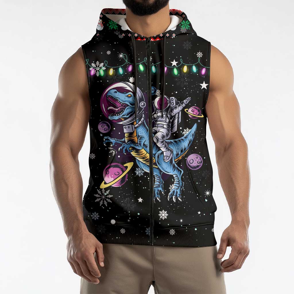 Astronauts Ride A T Rex In Space With The Planet Christmas Sleeveless Zip Hoodie Xmas Holiday Patterns - Wonder Print Shop