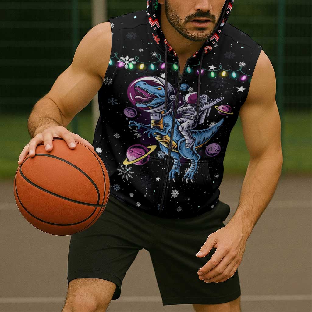 Astronauts Ride A T Rex In Space With The Planet Christmas Sleeveless Zip Hoodie Xmas Holiday Patterns - Wonder Print Shop
