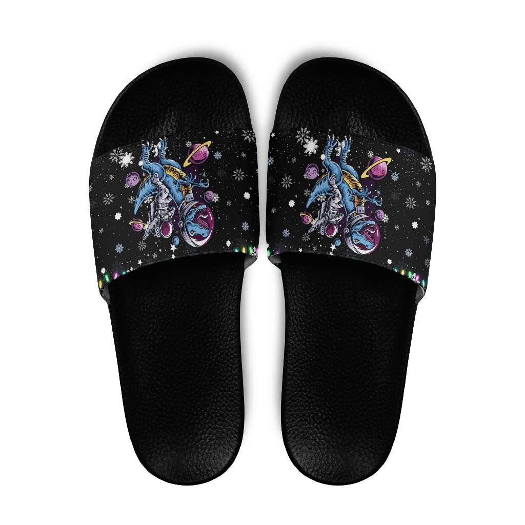 Astronauts Ride A T Rex In Space With The Planet Christmas Slide Sandals Xmas Holiday Patterns - Wonder Print Shop