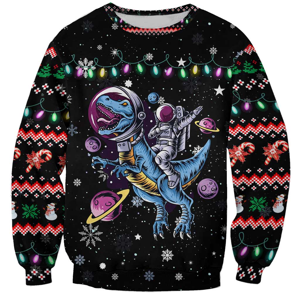 Astronauts Ride A T Rex In Space With The Planet Christmas Sweatshirt Xmas Holiday Patterns - Wonder Print Shop