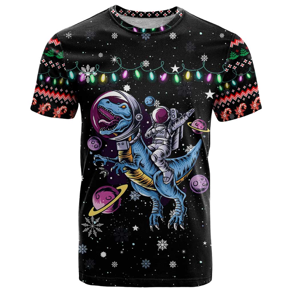 Astronauts Ride A T Rex In Space With The Planet Christmas T Shirt Xmas Holiday Patterns - Wonder Print Shop