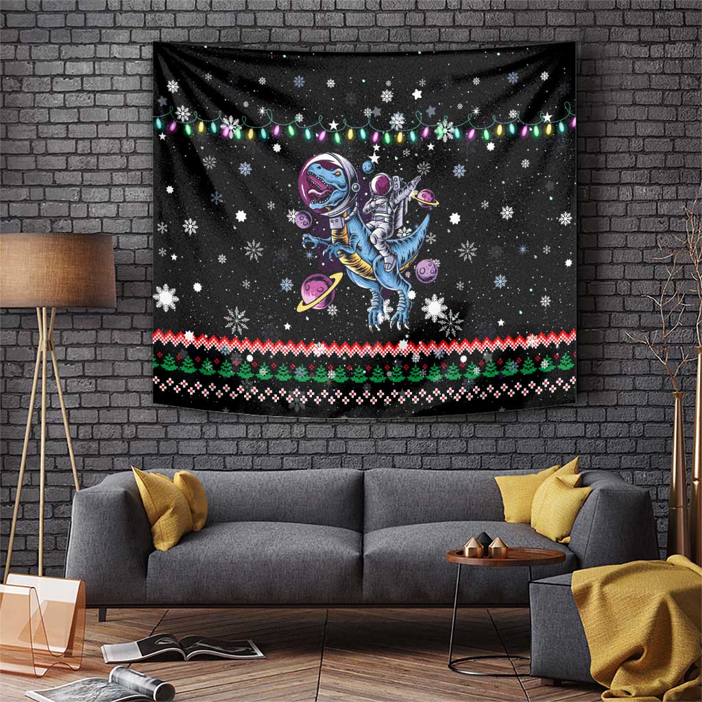 Astronauts Ride A T Rex In Space With The Planet Christmas Tapestry Xmas Holiday Patterns - Wonder Print Shop