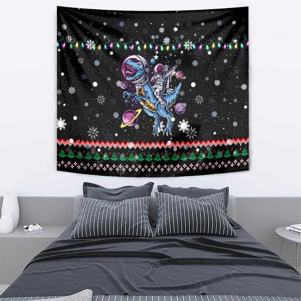 Astronauts Ride A T Rex In Space With The Planet Christmas Tapestry Xmas Holiday Patterns - Wonder Print Shop