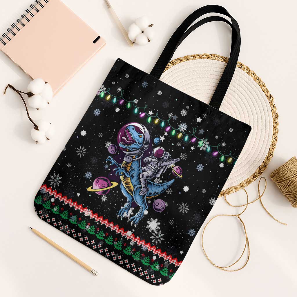 Astronauts Ride A T Rex In Space With The Planet Christmas Tote Bag Xmas Holiday Patterns - Wonder Print Shop