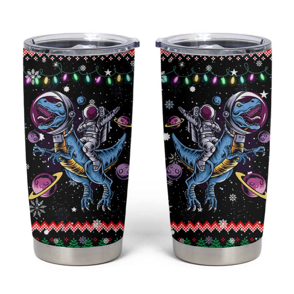 Astronauts Ride A T Rex In Space With The Planet Christmas Tumbler Cup Xmas Holiday Patterns - Wonder Print Shop