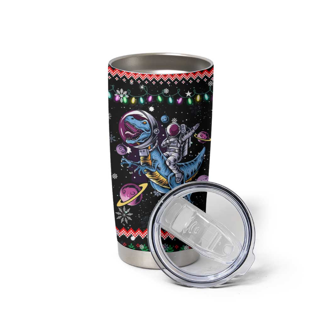 Astronauts Ride A T Rex In Space With The Planet Christmas Tumbler Cup Xmas Holiday Patterns - Wonder Print Shop